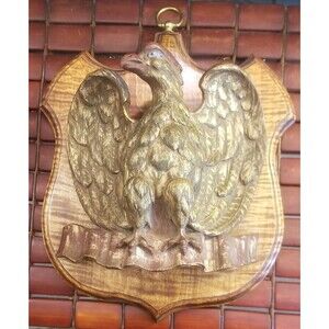 Vintage Golden Eagle On Shield Plaque Wood 12"x10"x3"